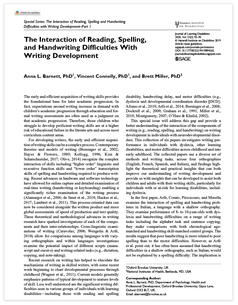 The Interaction of Reading, Spelling, and Handwriting Difficulties With Writing Development