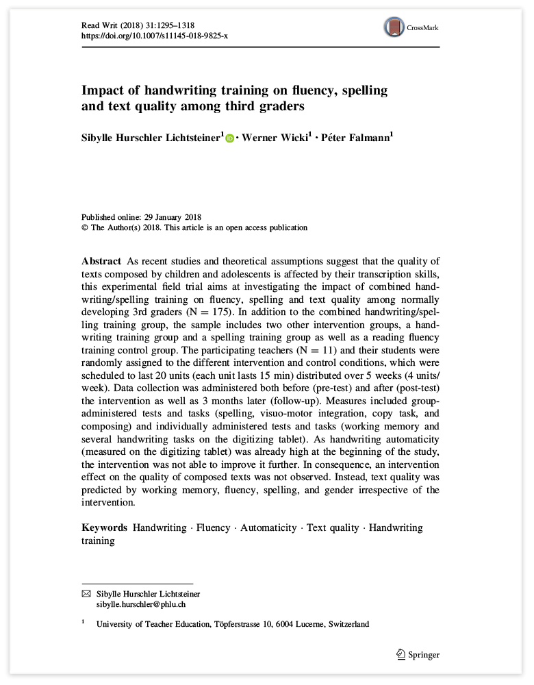 Impact of Handwriting Training on Fluency, Spelling and Text Quality Among Third Graders