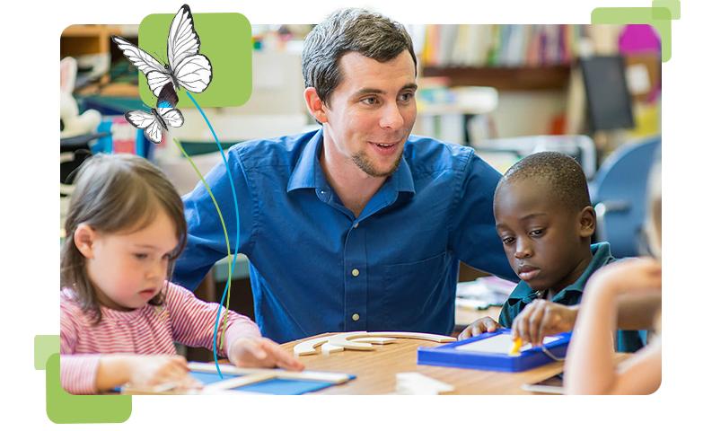 Classroom scene with teacher supporting students using LWT tools