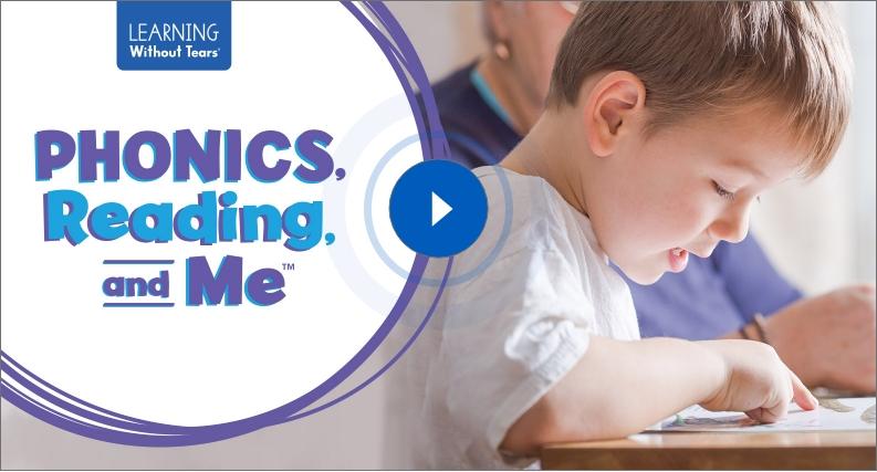 "Phonics, Reading & Me video overview thumbnail showing a teacher and students engaged in small-group literacy instruction with play button overlay.