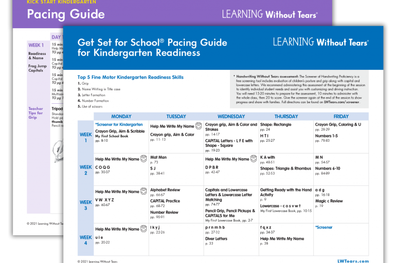 Pacing Guides for Learning Without Tears' Pre-K-K Curricula