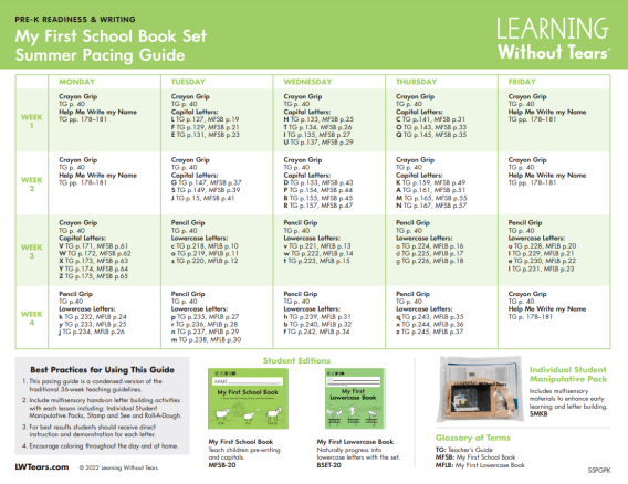 Handwriting Without Tears Summer Pacing Guide Download | Learning 